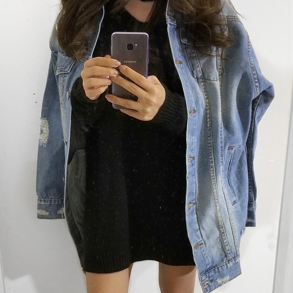 Oversized Distressed Denim Jacket - Picture 1 of 5
